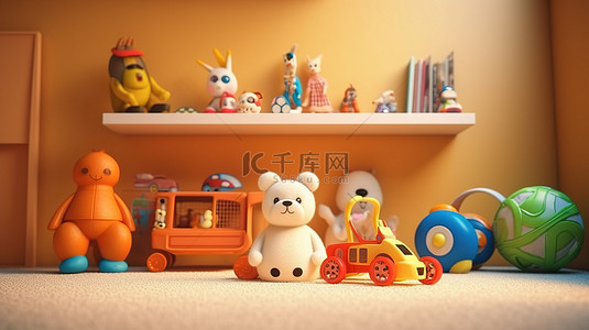 儿童孩子背景图片_孩子卧室里可爱迷人的玩具 3D 渲染