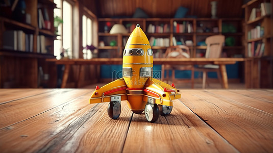 通过 3D 渲染创建的带有玩具火箭的桌子的老式照片