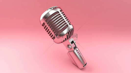 粉红色背景的 3D 渲染与金属麦克风用于唱歌或播放音乐