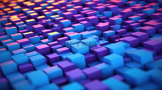一排抽象 3D 渲染的蓝色和紫色块