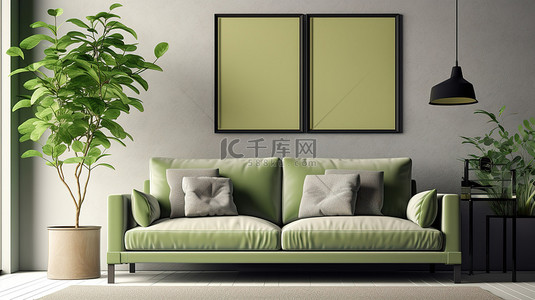 带海报框架的现代客厅中浅绿色沙发和咖啡桌的 3D 渲染
