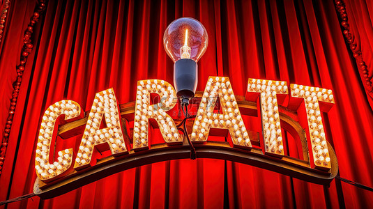 3d 渲染的歌舞表演刻字与红色剧院窗帘上的灯泡