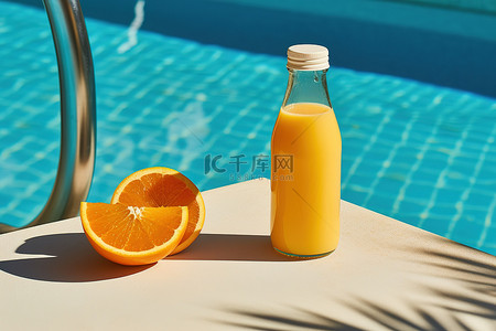 泳池背景图片_池边桌子上放着一瓶橙汁和橙子