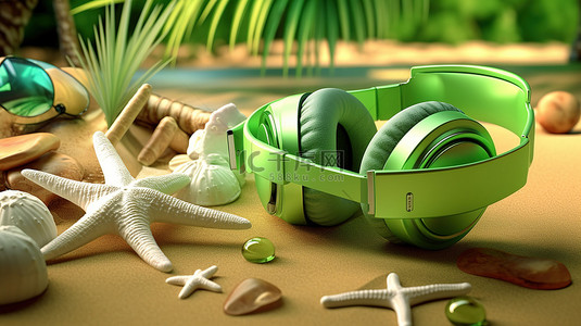 绿色暑假背景图片_海滩度假的夏季配饰 耳机太阳镜海星贝壳充气球和人字拖，以绿色表示