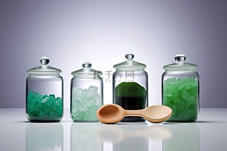 浴背景图片_装有盐和绿色石头的罐子
