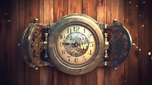 时钟标志背景图片_时间管理 3D 渲染带有时钟的木制背景上的开放 Word 文档