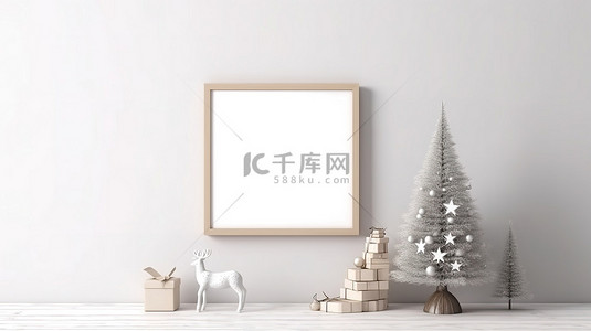 节日圣诞节模型，以木框架杉树星形花环和鹿为特色，以 3D 呈现的白墙背景