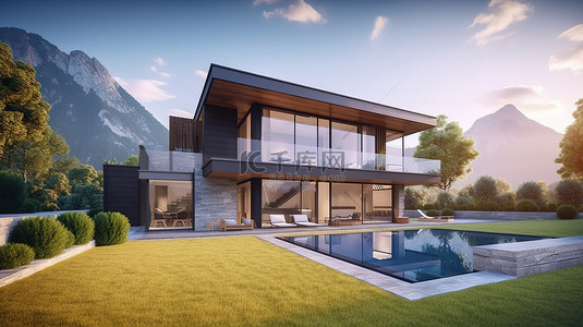 令人惊叹的 3D 渲染现代豪宅，拥有郁郁葱葱的草坪和雄伟的山脉背景