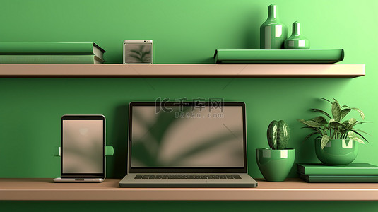 绿色墙架，配有笔记本电脑手机和平板电脑的 3D 插图