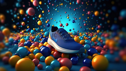 跑鞋背景图片_深蓝色背景 3D 渲染中彩色球环绕跑鞋和健身器材