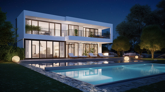 宏伟的现代白色别墅的夜景，在 3D 渲染中拥有引人注目的花园和游泳池
