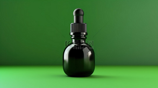 美容绿色背景背景图片_带有空白标记的黑色油滴瓶的绿色背景的 3D 渲染