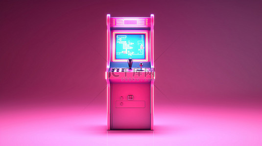 街机屏幕背景图片_双色调粉色游戏街机，具有空白屏幕，非常适合您的定制设计，在 3D 渲染中呈现充满活力的蓝色背景