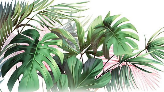 热带树叶 3d 渲染插图是文本演示模型和产品设计的理想背景，有足够的空间用于徽标或复制
