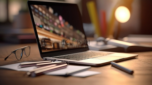 桌子键盘背景图片_桌面用品和桌子上的空白空间，背景模糊 3D 渲染和插图