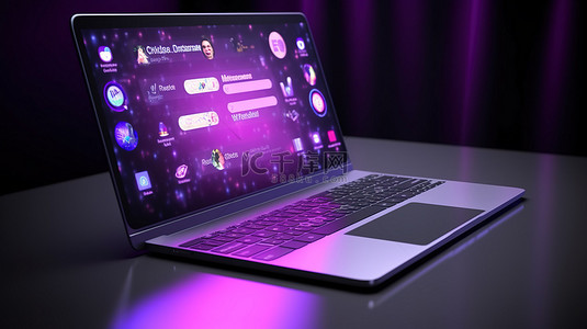 显示笔记本电脑屏幕上充满活力的 3D Viber 图标，用于社交媒体网络
