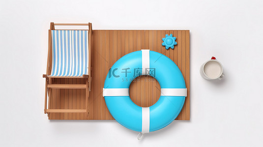 白色背景下 3D 渲染木板上的蓝色躺椅沙滩球和救生圈的顶视图
