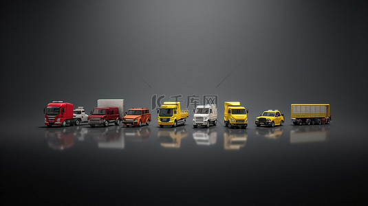 货车插图背景图片_带有物流车队的灰色背景的 3D 插图