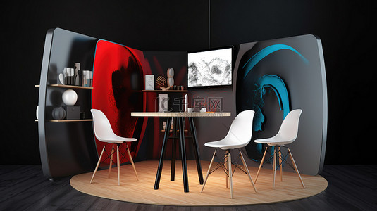 瓦楞纸板卷背景图片_创新展台展示设计 3D 插图，具有独特的桌椅信息板和卷起