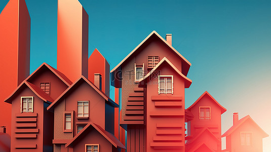 房地产行业看到上升趋势 3D 插图与横幅和上升箭头