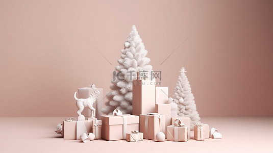 一棵极简主义的 3D 圣诞树，在令人惊叹的渲染中装饰着礼品盒
