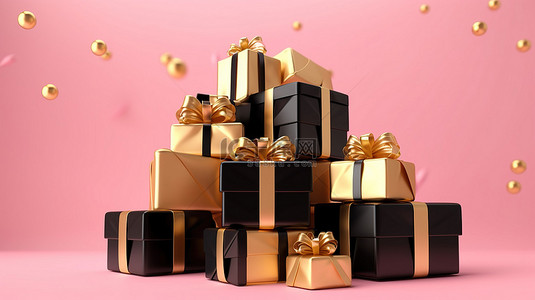 闪闪发光的黑色星期五销售与粉红色礼品盒 3D 渲染