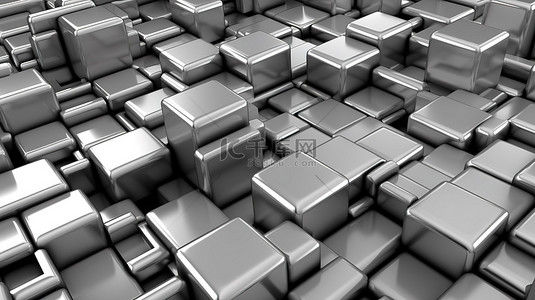 具有未来主义氛围的挤压银色方块的抽象 3D 渲染