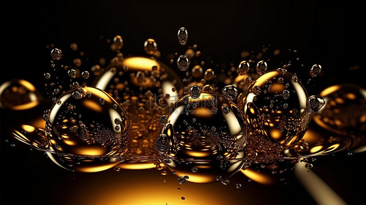 3D 金色液体气泡是假日模板和金色海报的惊人概念