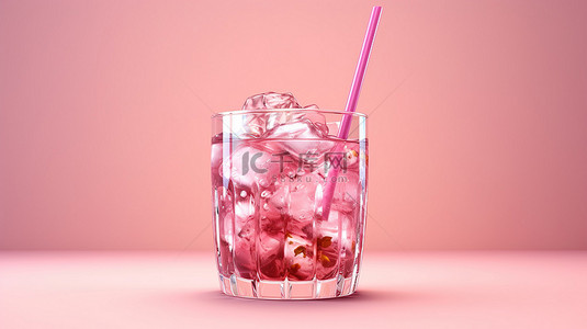 清爽饮料背景图片_粉红色主题玻璃中的清爽饮料，饰有冰和稻草 3D 渲染，具有充足的复制空间