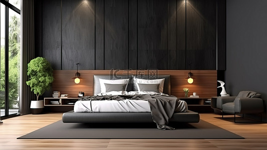 时尚而精致的 3D 渲染现代卧室，配有白色床上用品木地板和深色墙壁纹理