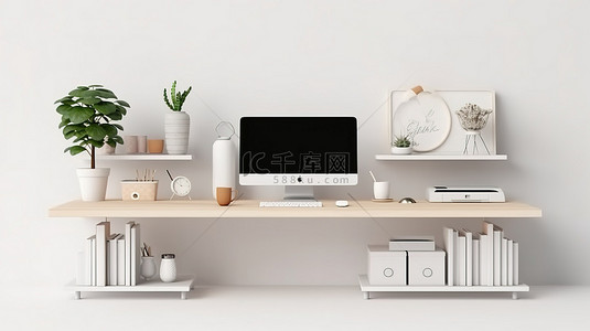 现代工作空间的 3D 渲染，配有白色桌子和台式电脑模型