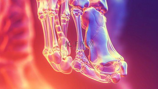 疼痛躺着背景图片_具有关节炎炎症和骨折的足骨结构的 3D 医学插图充足的复制空间