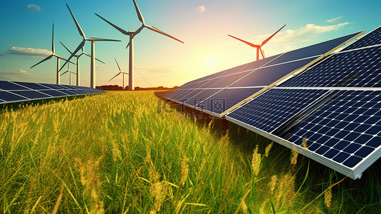 代表可再生能源概念的绿色田野上的光伏发电和风力涡轮机插图