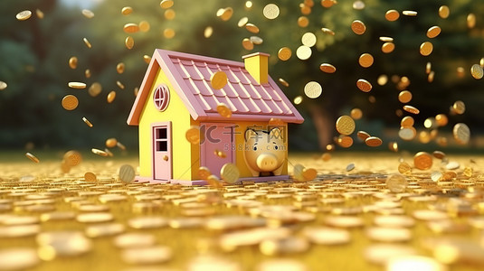 保险插画背景图片_房子形状的存钱罐捕获金币，象征着在 3D 渲染中为新家储蓄