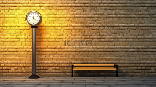 公交车站的现代时钟和路灯靠砖墙的 3D 渲染