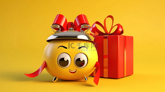活力快闪背景图片_动画闹钟吉祥物拿着一个节日礼品盒，上面装饰着红丝带，背景是令人惊叹的 3D 充满活力的黄色背景