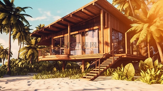 阳光明媚的 3D 插图，展示了一座美丽的热带木制海滨别墅