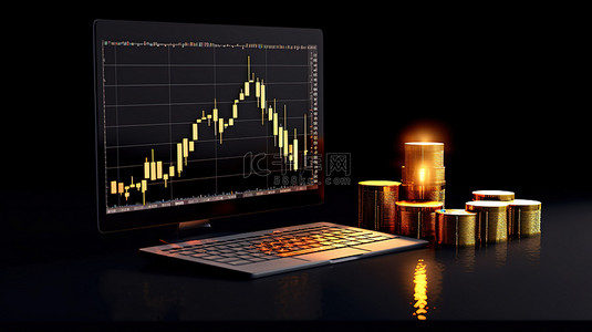 股市符号背景图片_带有比特币符号烛台图和金融投资硬币的计算机的 3D 插图