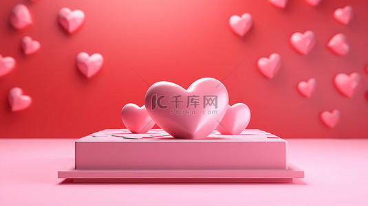 情人节 3D 渲染粉色讲台，粉色背景上有红色心形背景