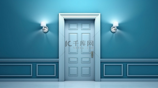 高分辨率蓝墙和紧闭的门的 3D 渲染背景非常适合您的项目