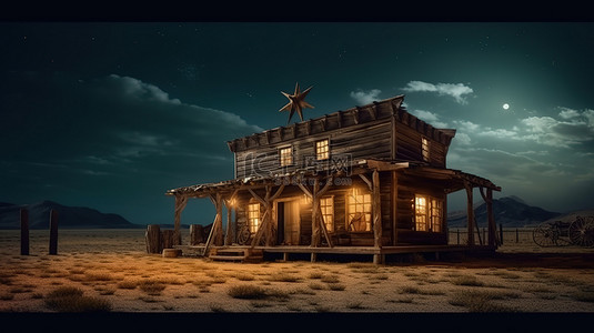 沙漠牛仔背景图片_质朴的狂野西部轿车在星空夜空 3d 渲染下的孤立领域