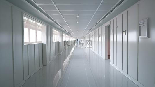 办公室学校酒店或医院3D渲染中长走廊的当代极端特写