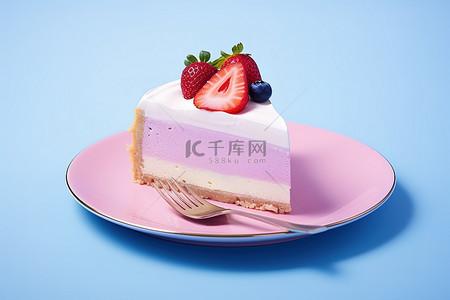 草莓怪兽背景图片_蓝盘上的草莓芝士蛋糕