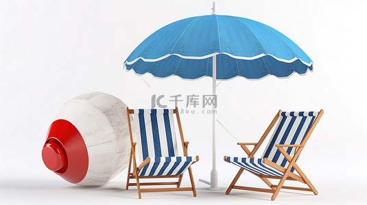 白色和蓝色海滩家具 3D 渲染的躺椅雨伞救生圈和白色背景上的沙滩球