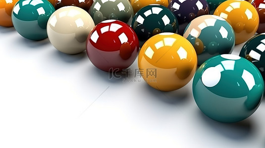 台球对阵背景图片_白色背景上的 3D 渲染台球和斯诺克球