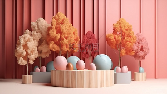 柔和的彩色讲台产品展示，以秋季色彩为主题，以 3D 渲染进行商业用途