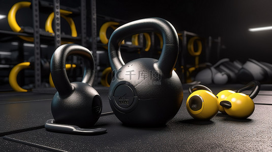 运动装备背景图片_黄色耳机搭配 3D 黑色金属壶铃以及其他运动装备