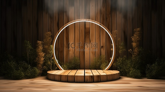 耀石背景图片_庆祝自然美景的木制讲台背景的 3D 渲染