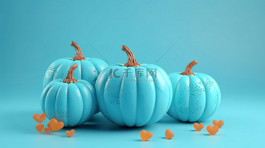 浅蓝色背景 3D 渲染上带有心形元素和装饰球的怪异南瓜装饰