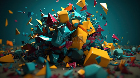 充满活力的 3D 几何形状在多彩的混乱中碰撞
